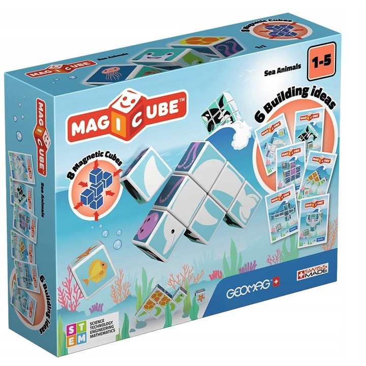 Set de constructie magnetic, Geomag, Magicube, Model animale marine, 8 cuburi, 1 an+, Multicolor