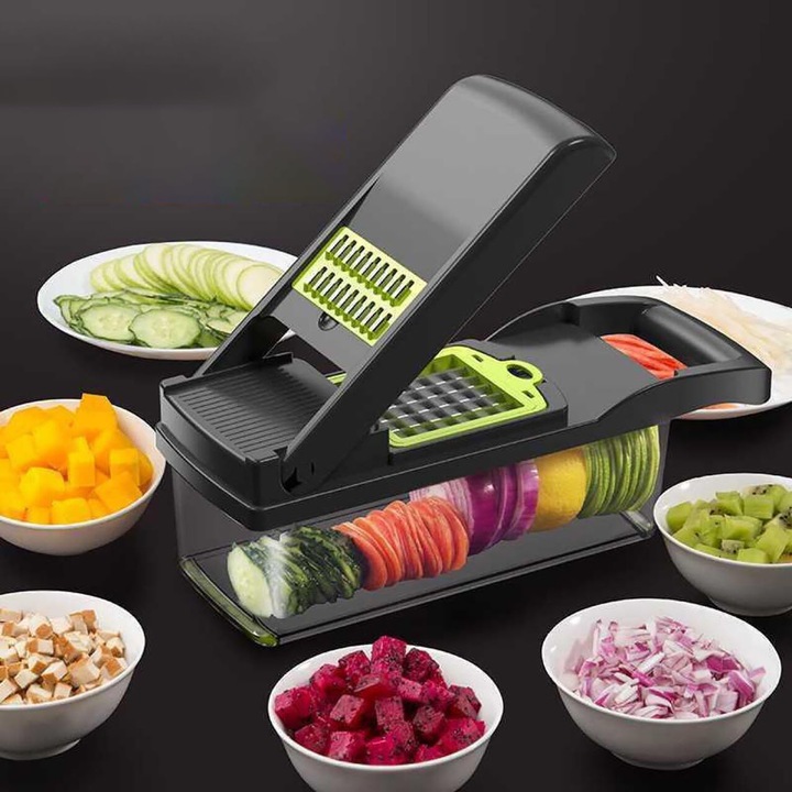 Feliator de legume multifunctional, 8 taieturi diferite, lame de inox, ABS, Recipient stocare, 67.5X38.5X49.5CM, Verde/Gri