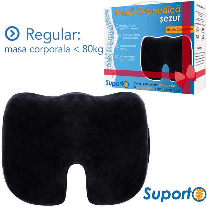 Perna ortopedica sezut Suporto®️ coccis Fermitate Regular, Negru, masa corporala sub 80 KG, 45 x 36 x 8 cm