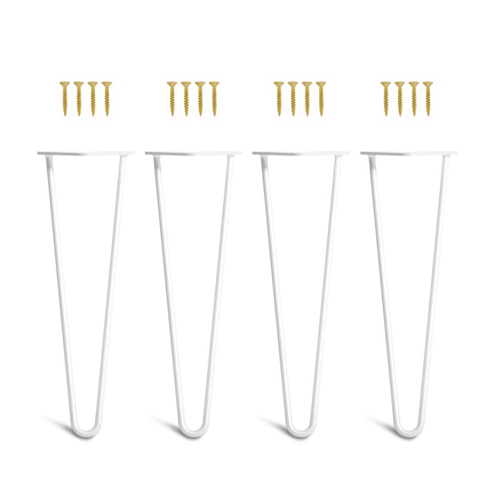Set 4 picioare masa Hairpin, vopsite electrostatic, inaltime 40 cm, 2 brate, profil diametru 12 mm, otel, alb mat, kit montaj inclus