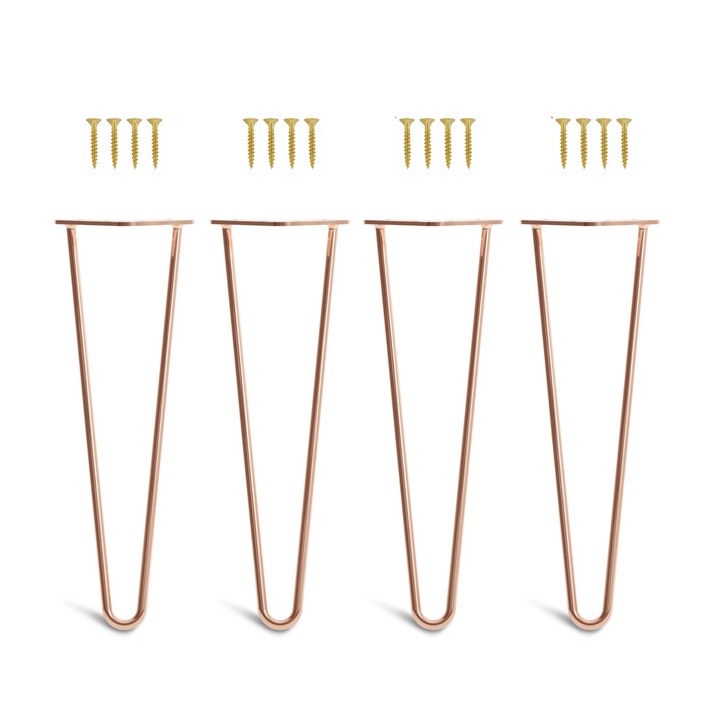 Set 4 picioare masa Hairpin, vopsite electrostatic, inaltime 40 cm, 2 brate, profil diametru 10 mm, otel, cupru, kit montaj inclus