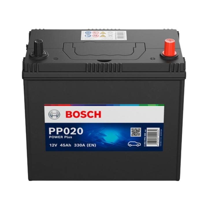 Акумулатор за кола BOSCH Power Plus PP020, 12 V, 45 Ah, 330 A, тънки клеми, нормална дясна клема +