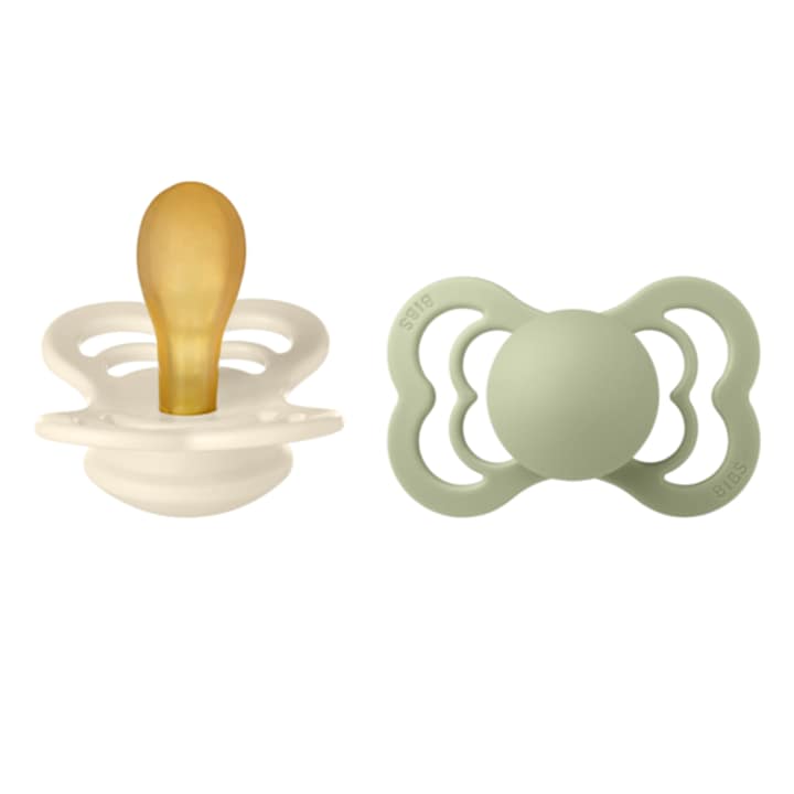 Suzete pentru bebelusi BIBS Supreme Latex, cu tetina simetrica, 6 luni + Ivory/Sage, 2 buc