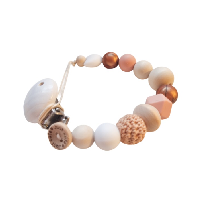 Lantisor cu bile din silicon, lemn si clips pentru suport suzeta din silicon alimentar fara BPA, Just Cute, Elin