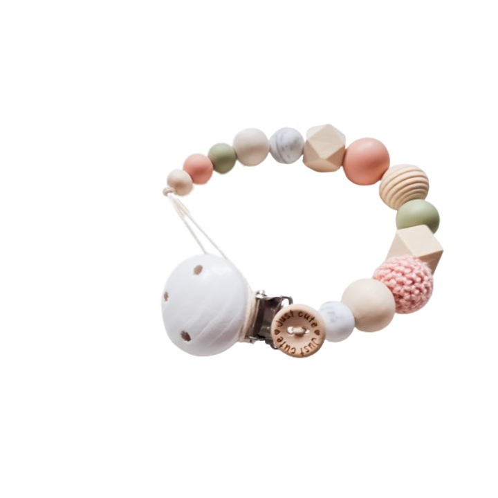 Lantisor cu bile din silicon si lemn si clips pentru suport suzeta din silicon alimentar fara BPA, Just Cute, Sien