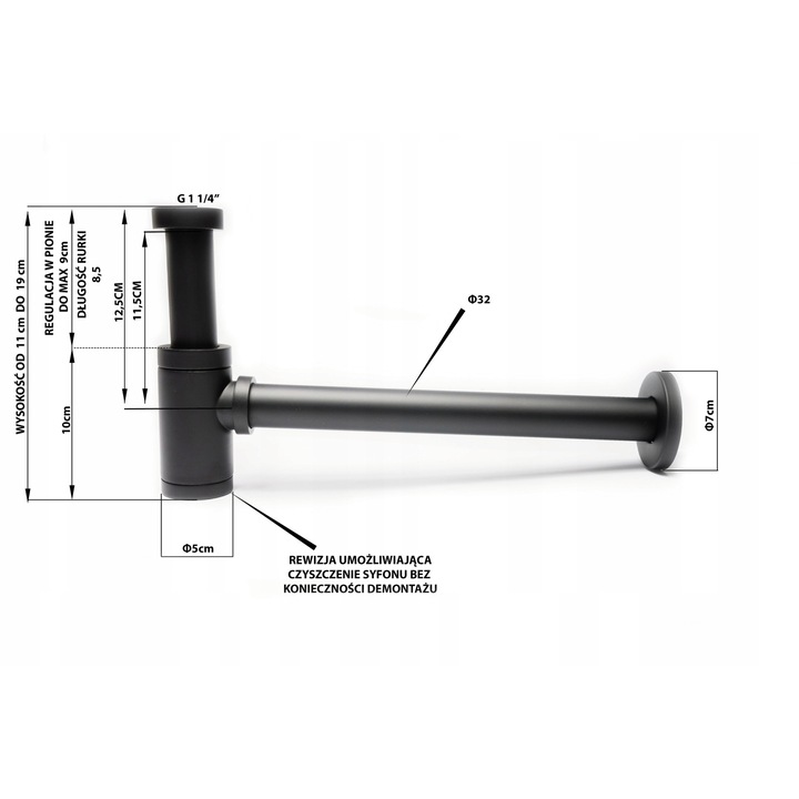 Сифон за мивка, клик-клак, преливник, Aquaparts, черен
