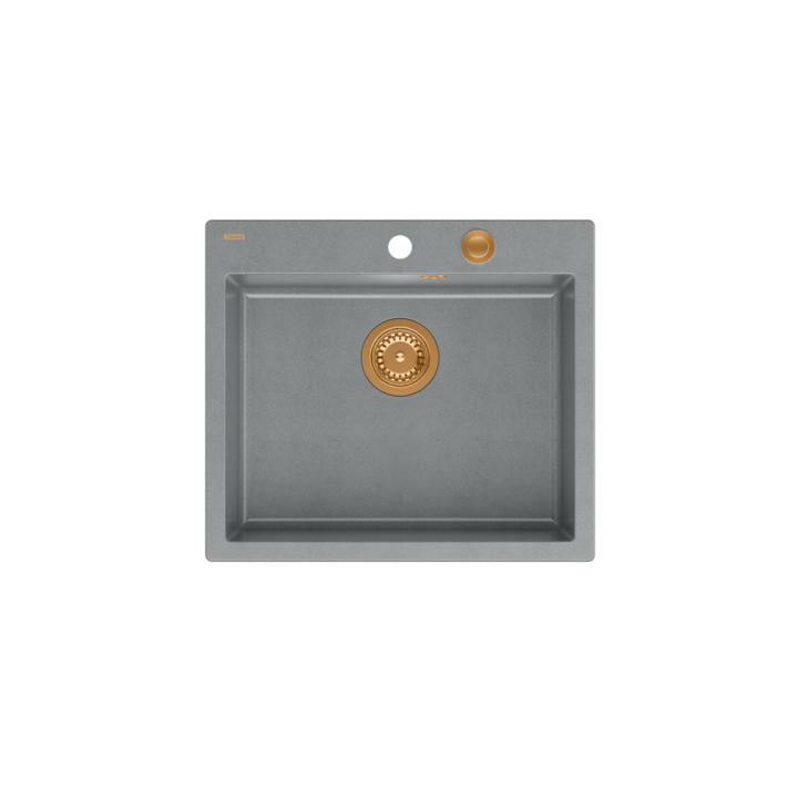 Chiuveta MORGAN 110 GraniteQ argintiu din piatra cu sifon Push To Open culoare cupru 1 vas b/o + prinderi 4 buc