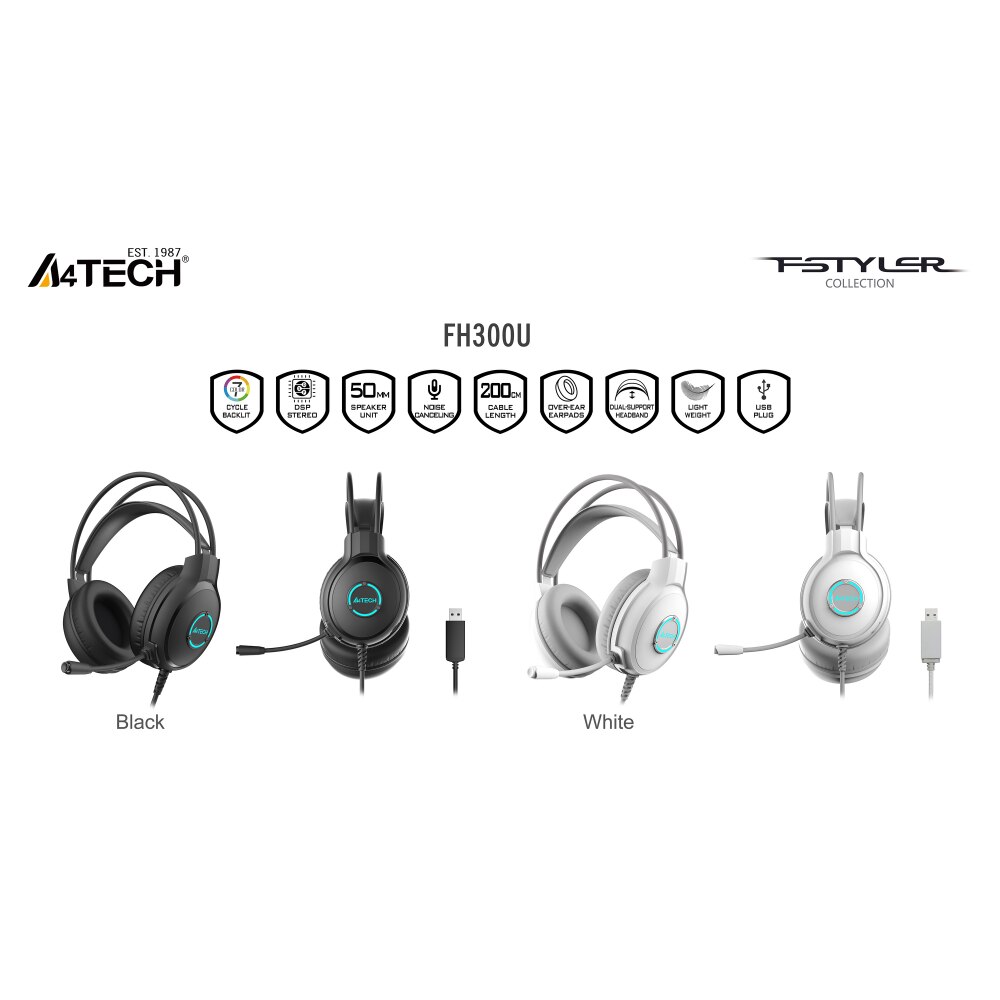 Casti A4TECH Fstyler FH300U, RGB, Microfon, ANC, Negru/Albastru - eMAG.ro