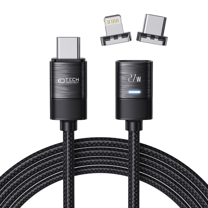 Cablu pentru incarcare si transfer de date TECH-PROTECT UltraBoost 2 in 1 Magnetic, USB-C - Lightning/USB-C, PD 27W, 3A, 2m, Negru