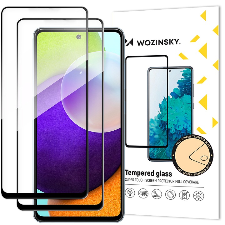 WZK képernyővédő fólia Samsung Galaxy A52s 5G A528 / A52 5G A526 / A52 A525 telefonhoz, Secure Glass, Teljes ragasztó, 2 db-os készlet, Fekete