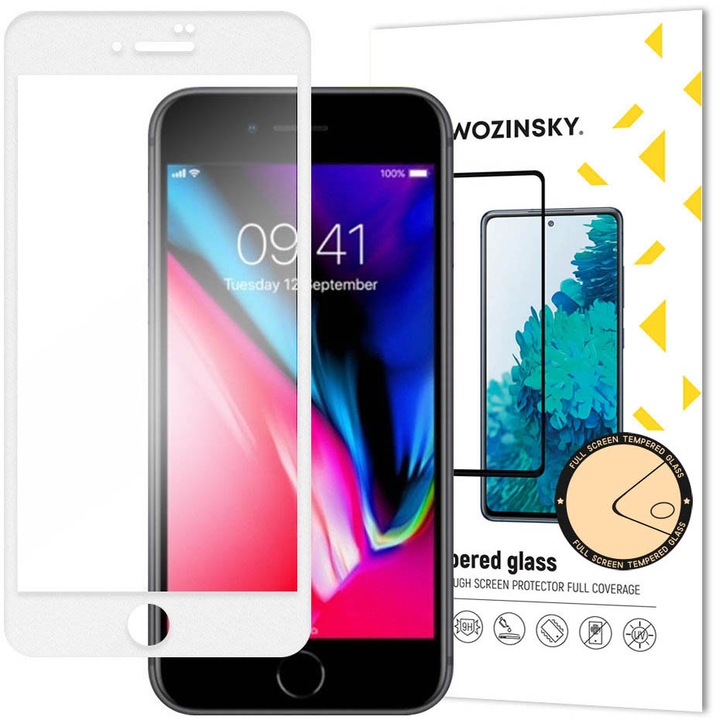 WZK képernyővédő fólia Apple iPhone SE (2022) / SE (2020) / 8 telefonhoz, edzett üveg, teljes ragasztó, fehér