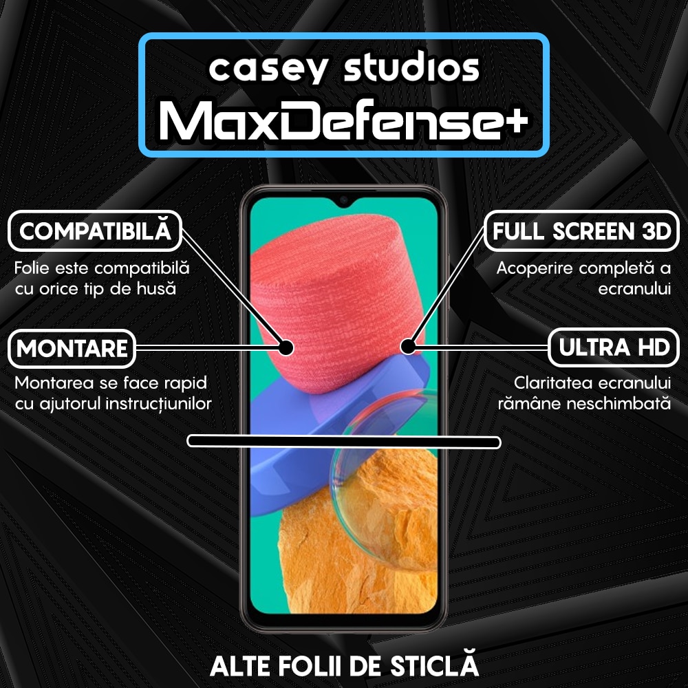 Folie Sticla CASEY STUDIOS™ compatibila cu Samsung Galaxy A23 5G / A23 4G / A04S / A04 / A13 5G / A13 4G / M23 / M33 / M13 / F23 / F13, Full Cover 3D, Full Glue, Duritate Militara, Ultra HD, Acoperire 3D, Anti Zgarieturi, Anti Socuri, Margini Negre