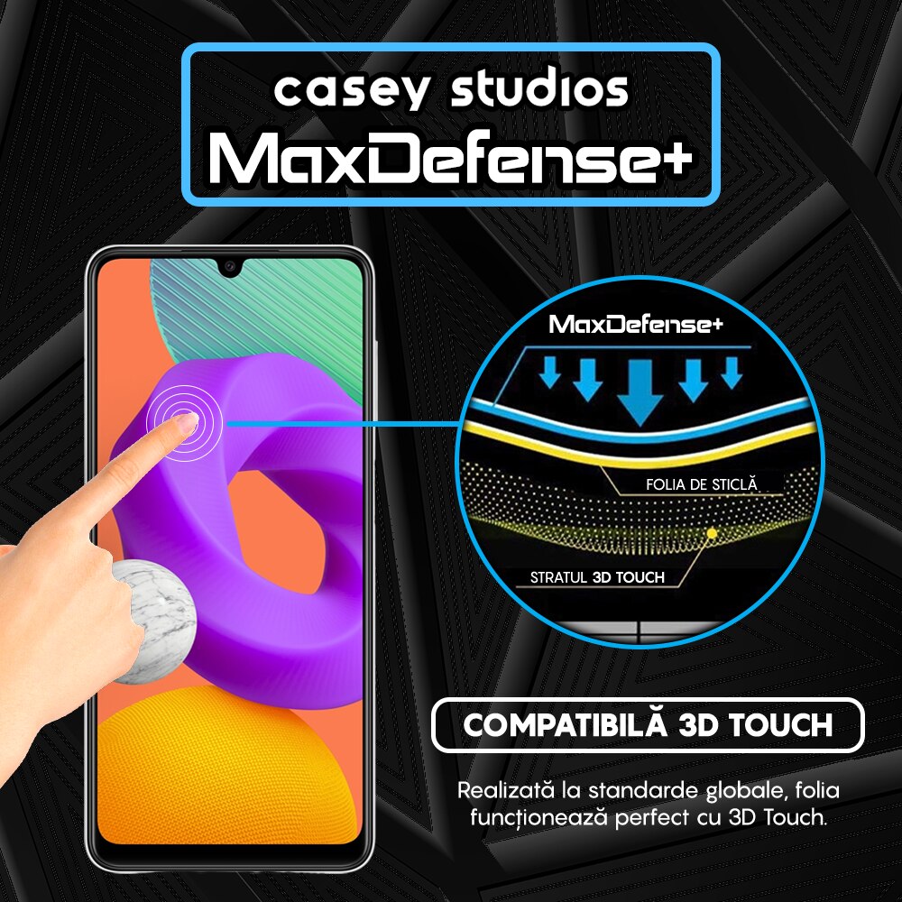 Folie Sticla CASEY STUDIOS™ compatibila cu Samsung Galaxy A22 4G / M22, Full Cover 3D, Full Glue, Duritate Militara, Ultra HD, Protectie Profesionala Ecran 3D, Anti Zgarieturi, Anti Socuri, Margini Negre
