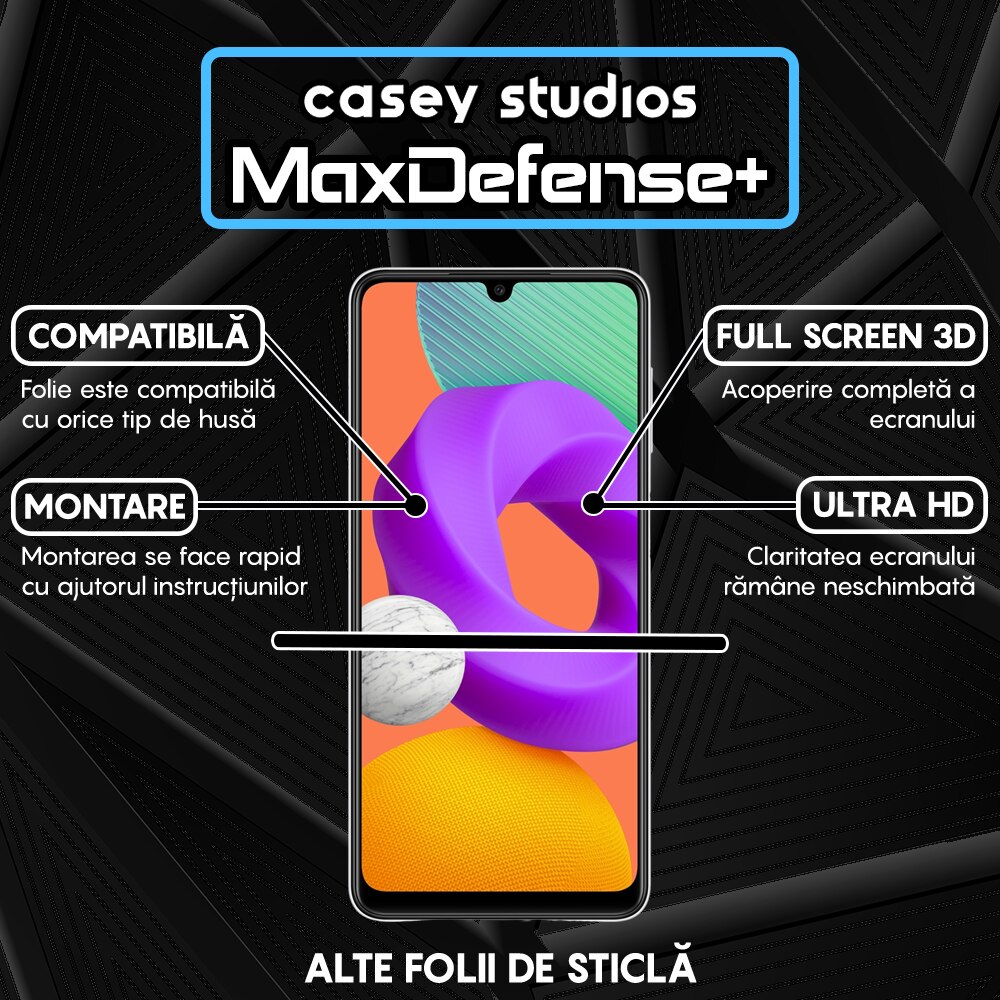 Folie Sticla CASEY STUDIOS™ compatibila cu Samsung Galaxy A22 4G / M22, Full Cover 3D, Full Glue, Duritate Militara, Ultra HD, Protectie Profesionala Ecran 3D, Anti Zgarieturi, Anti Socuri, Margini Negre