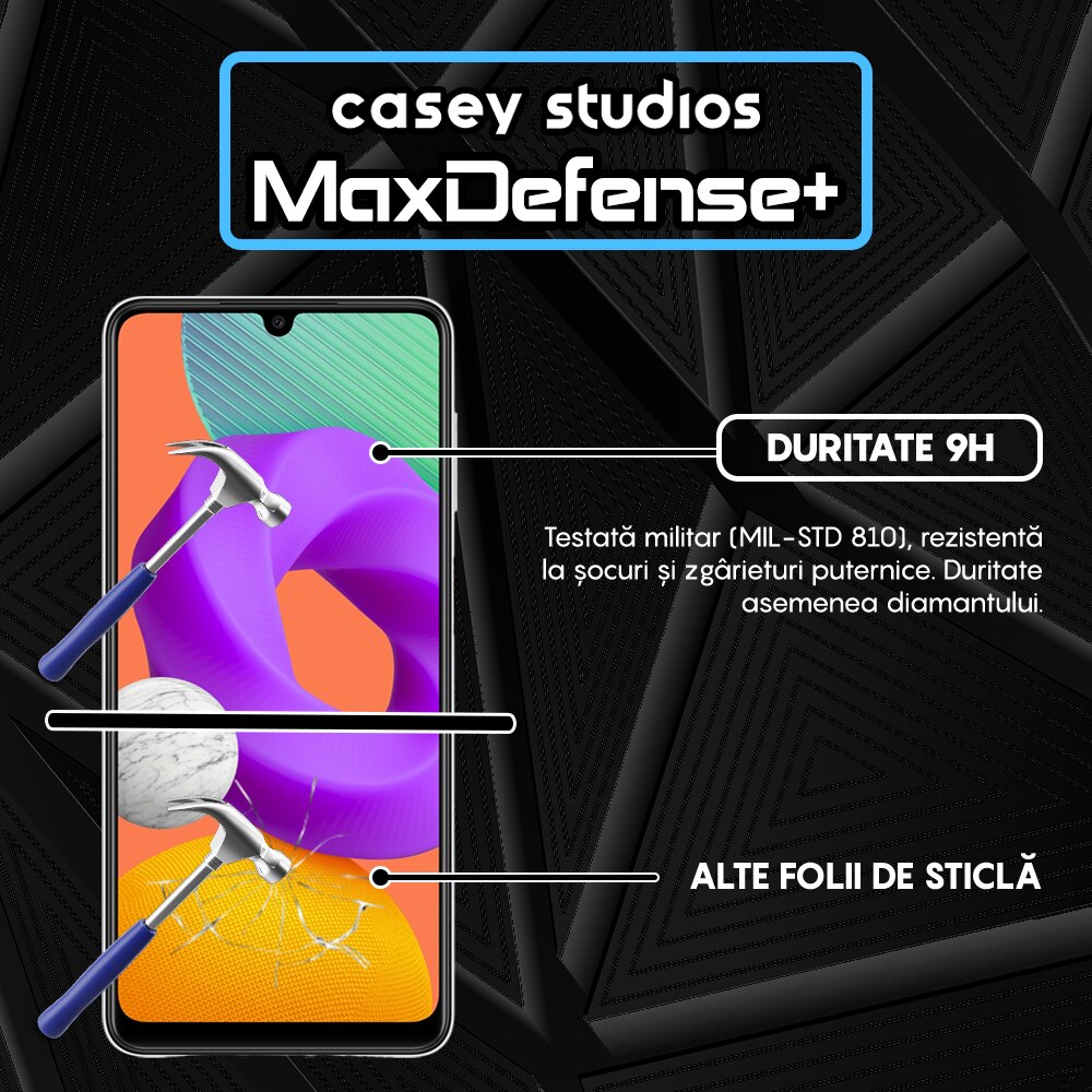 Folie Sticla CASEY STUDIOS™ compatibila cu Samsung Galaxy A22 4G / M22, Full Cover 3D, Full Glue, Duritate Militara, Ultra HD, Protectie Profesionala Ecran 3D, Anti Zgarieturi, Anti Socuri, Margini Negre