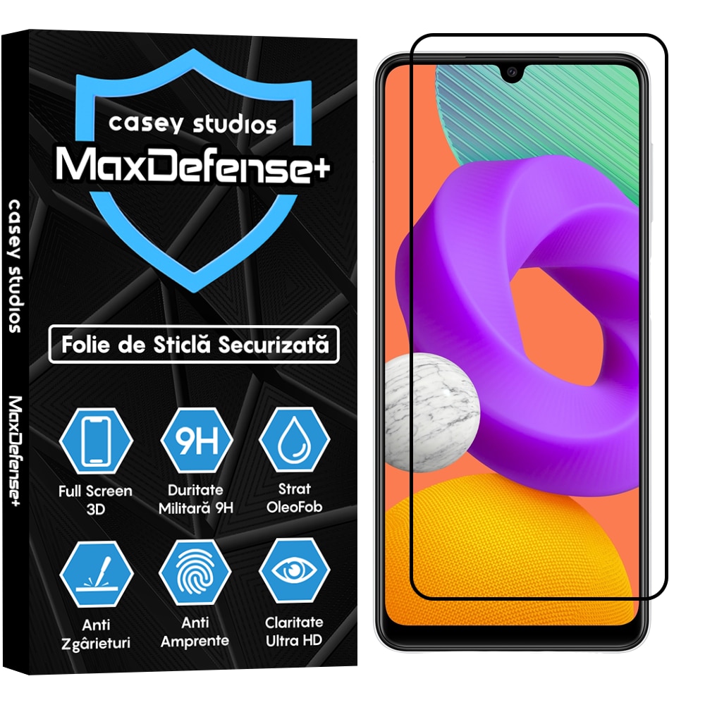 Folie Sticla CASEY STUDIOS™ compatibila cu Samsung Galaxy A22 4G / M22, Full Cover 3D, Full Glue, Duritate Militara, Ultra HD, Protectie Profesionala Ecran 3D, Anti Zgarieturi, Anti Socuri, Margini Negre