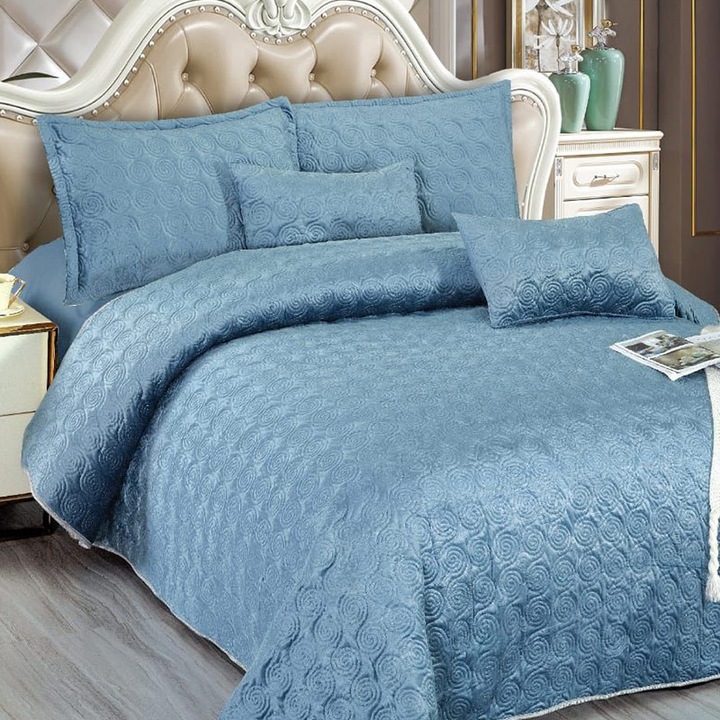 Капитонирана покривка за легло, Dormy, 5 части, кадифе, синьо, 220x240 см, кадифе