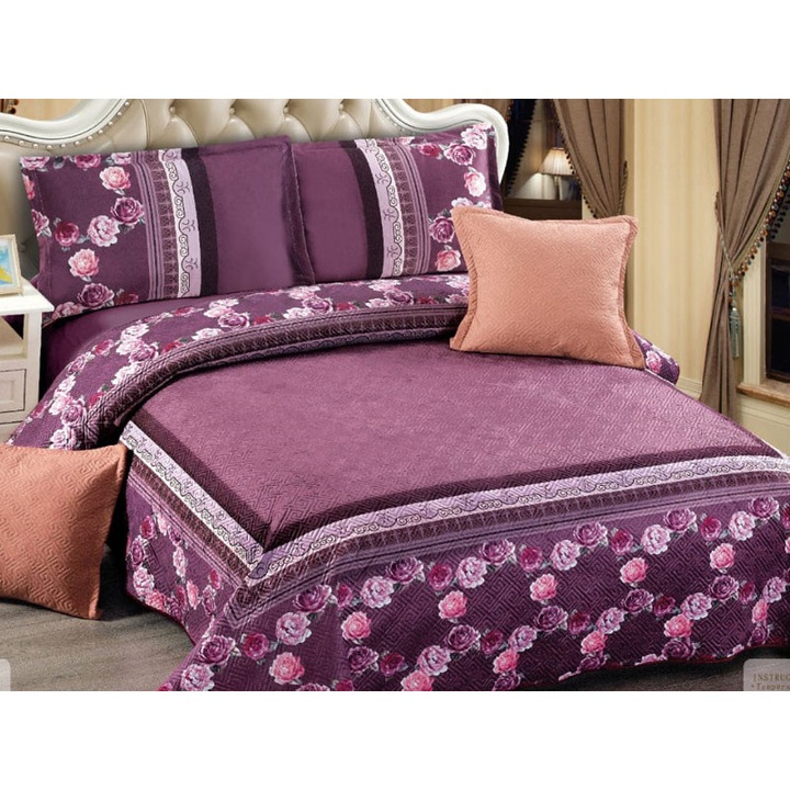 Cuvertura Matlasata pentru pat, Dormy, 5 Piese, Tuca, 230x250 cm, Catifea