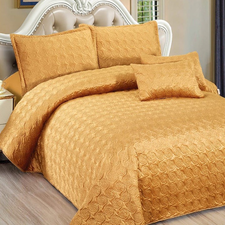 Капитонирана покривка за легло, Dormy, 5 части, кадифе, жълто, 220x240 см, кадифе
