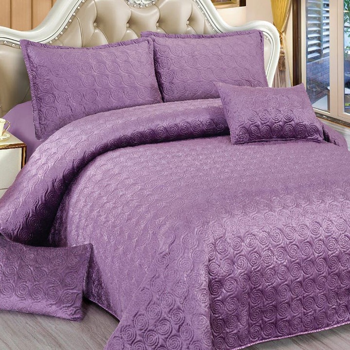 Капитонирана покривка за легло, Dormy, 5 части, кадифе, лилаво, 220x240 см, кадифе