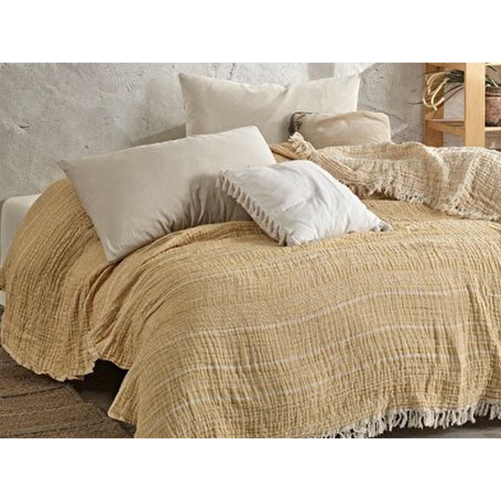 Покривало за легло, Dormy, Пике Етно, Горчица, 220x240 см, 100% памук