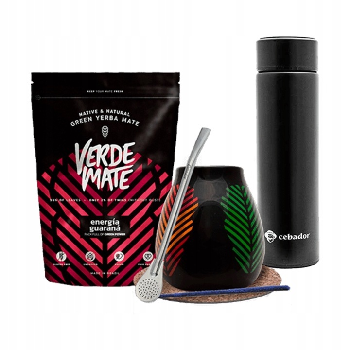 Yerba Mate Tea, Készlet, Verde Mate, Energy Guarana, 500g, Bögré Samba 350 ml, Thermosz LED 480 ml, Bombilla