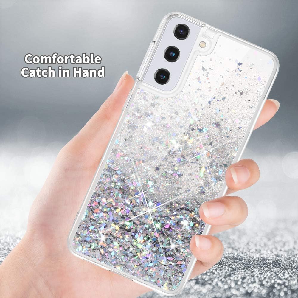 Husa compatibila cu Samsung Galaxy S21, cu Apa si Sclipici, Glitter, Fashion, protectie camera, Argintiu, ISAG