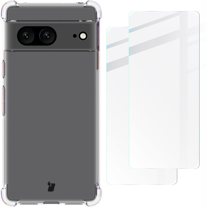 Set Husa + 2 Folii Protectie Ecran, Bizon, Clear pentru Google Pixel 7, poliuretan, Transparent