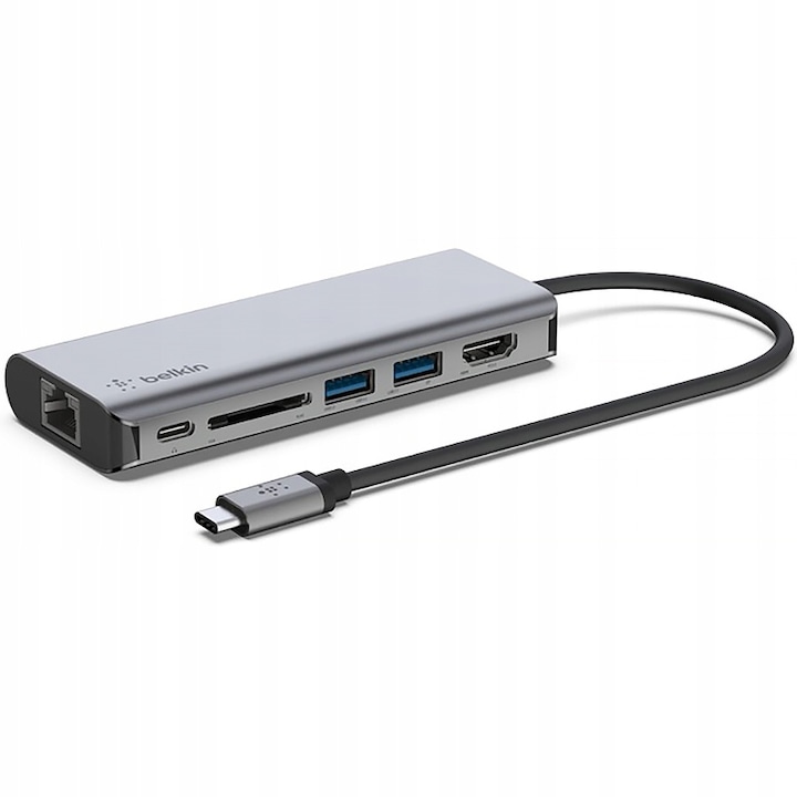 Statie hub USB-C 6 in 1 pentru laptop, Belkin, AVC008 uni, Gri