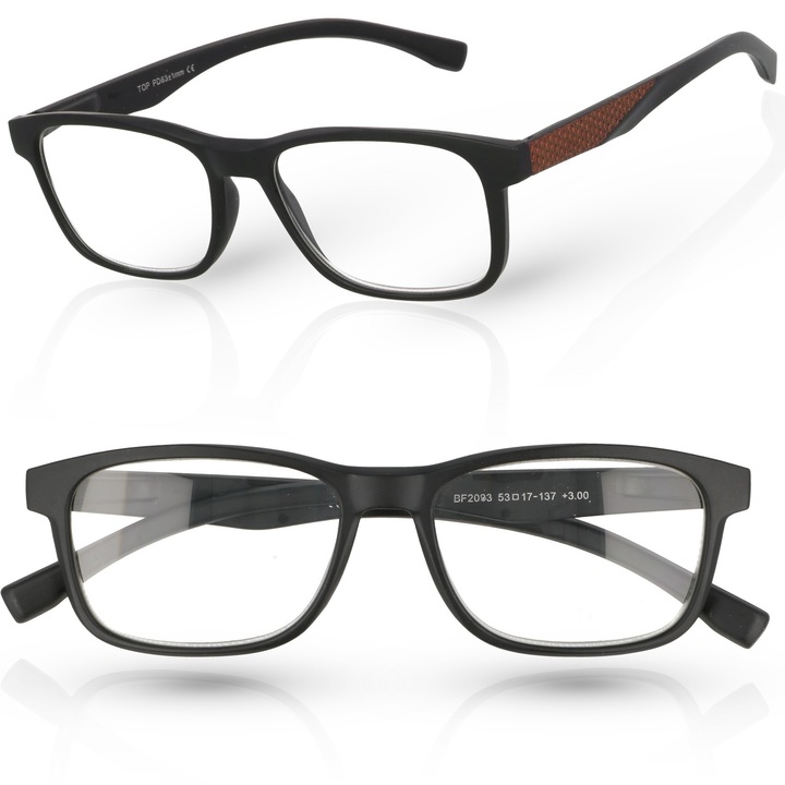 Ochelari de citit unisex, Born86, Plastic, Forma dreptunghiulara, Dioptrie +3,00, Negru