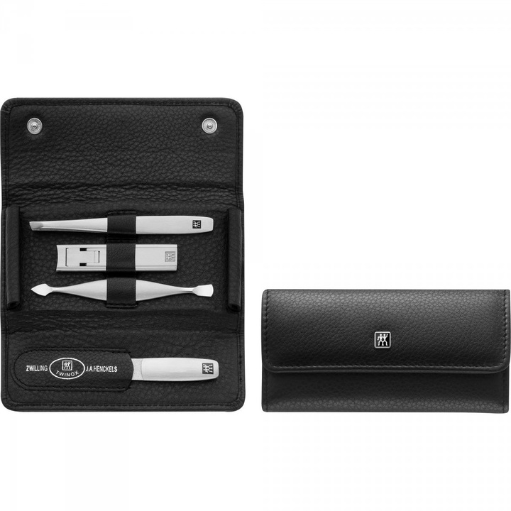 Комплект за грижа за нокти, Zwilling, 4 части, черен кожен калъф, неръждаем
