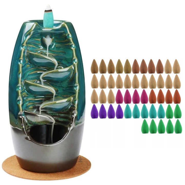 Difuzor aroma pe baza de conuri parfumate CLASStitude, efect cascada, 5 trepte, 55 conuri parfumate, 10 x 20 x 12 cm, Verde