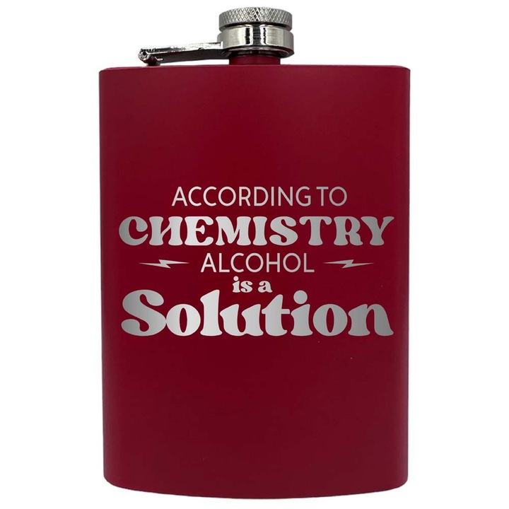 Plosca metalica gravata, de 8oz 240 ml pentru bauturi fine, Alcohol Is A Solution, Rosu, PNF 155