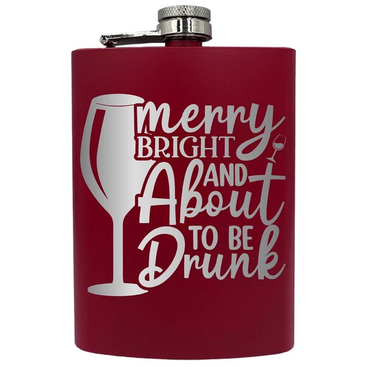 Plosca metalica gravata, de 8oz 240 ml pentru bauturi fine, Merry Bright, Rosu, PNF 143