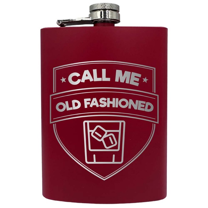 Plosca metalica gravata, de 8oz 240 ml pentru bauturi fine, Call Me Old Fashioned, Rosu, PNF 208