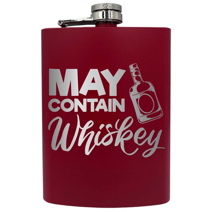 Plosca metalica gravata, de 8oz 240 ml pentru bauturi fine, May Contain Whiskey, Rosu, PNF 200