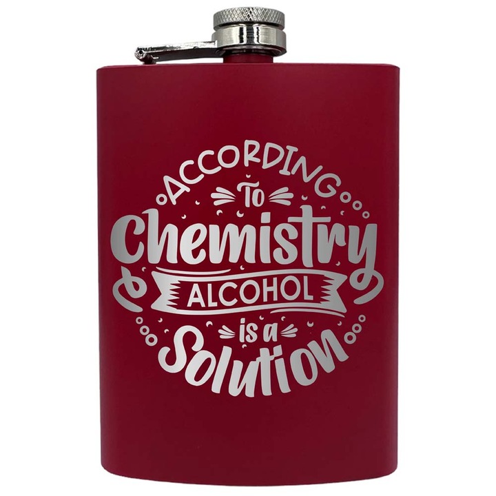 Plosca metalica gravata, de 8oz 240 ml pentru bauturi fine, Alcohol Is A Solution, Rosu, PNF 77