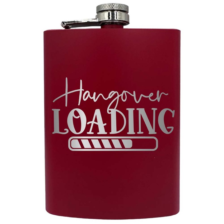 Plosca metalica gravata, de 8oz 240 ml pentru bauturi fine, Hangover Loading, Rosu, PNF 101