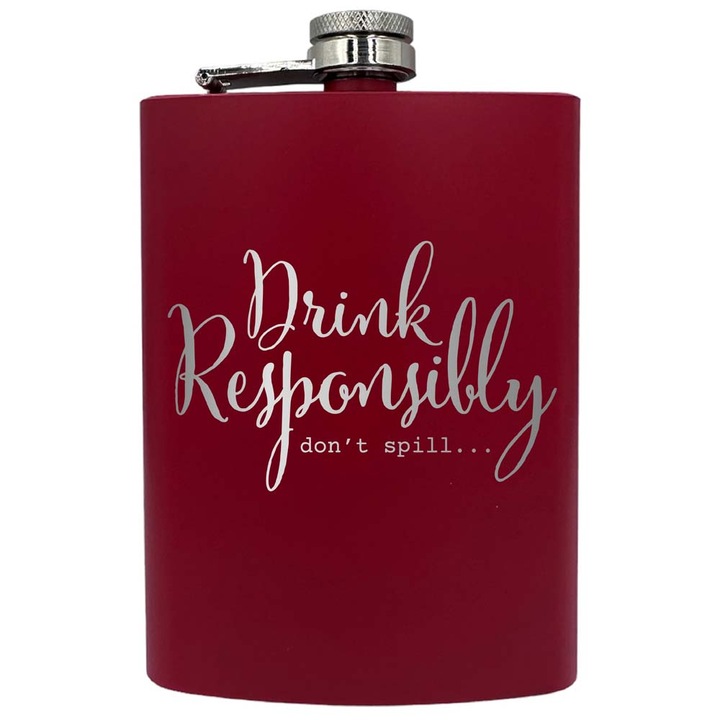 Plosca metalica gravata, de 8oz 240 ml pentru bauturi fine, Drink Responsibly, Rosu, PNF 89
