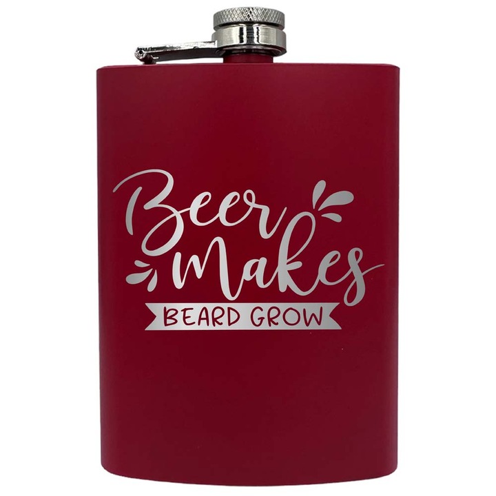 Plosca metalica gravata, de 8oz 240 ml pentru bauturi fine, Beer Makes Beard Grow, Rosu, PNF 51