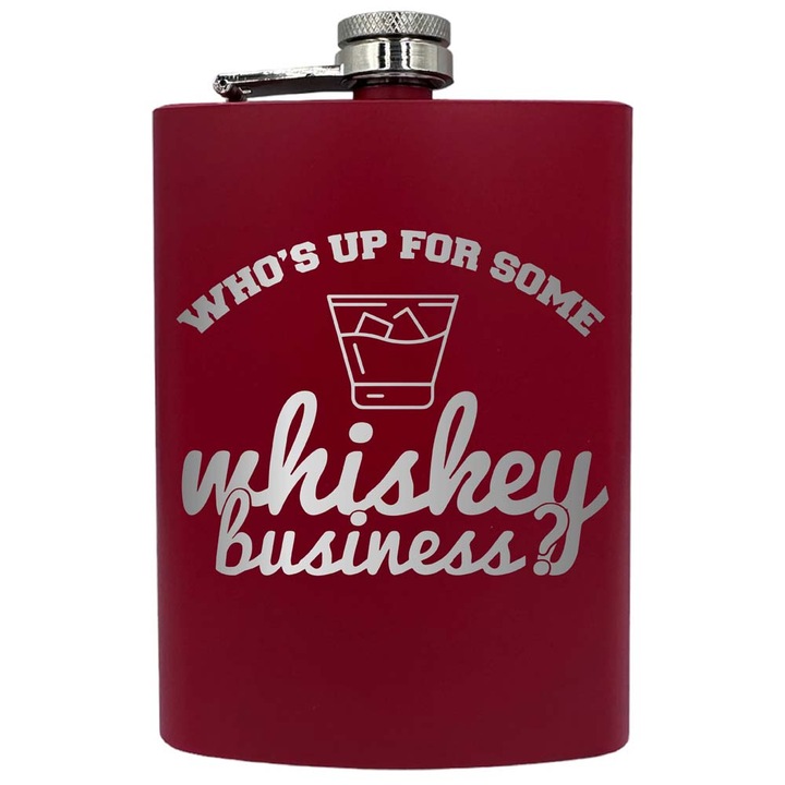 Plosca metalica gravata, de 8oz 240 ml pentru bauturi fine, Whiskey Business, Rosu, PNF 203