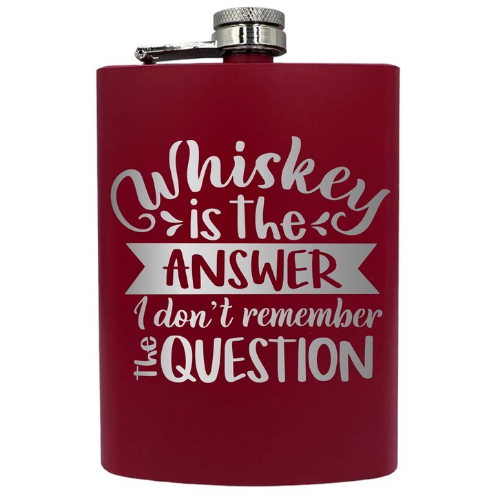 Plosca metalica gravata, de 8oz 240 ml pentru bauturi fine, Whiskey Is The Answer, Rosu, PNF 198