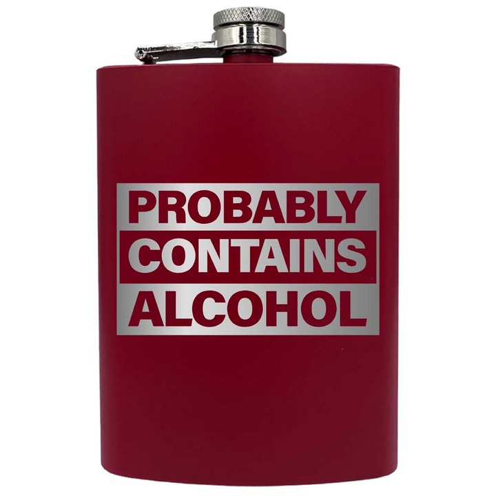 Plosca metalica gravata, de 8oz 240 ml pentru bauturi fine, Probably Contains Alcohol, Rosu, PNF 157