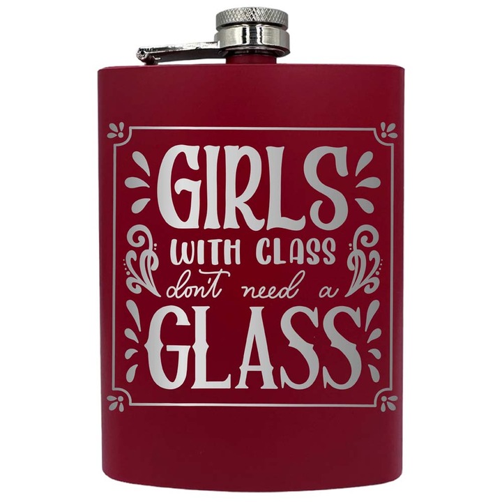 Plosca metalica gravata, de 8oz 240 ml pentru bauturi fine, Girls, Rosu, PNF 10