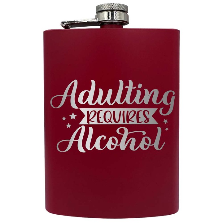 Plosca metalica gravata, de 8oz 240 ml pentru bauturi fine, Adulting Requires Alcohol, Rosu, PNF 34
