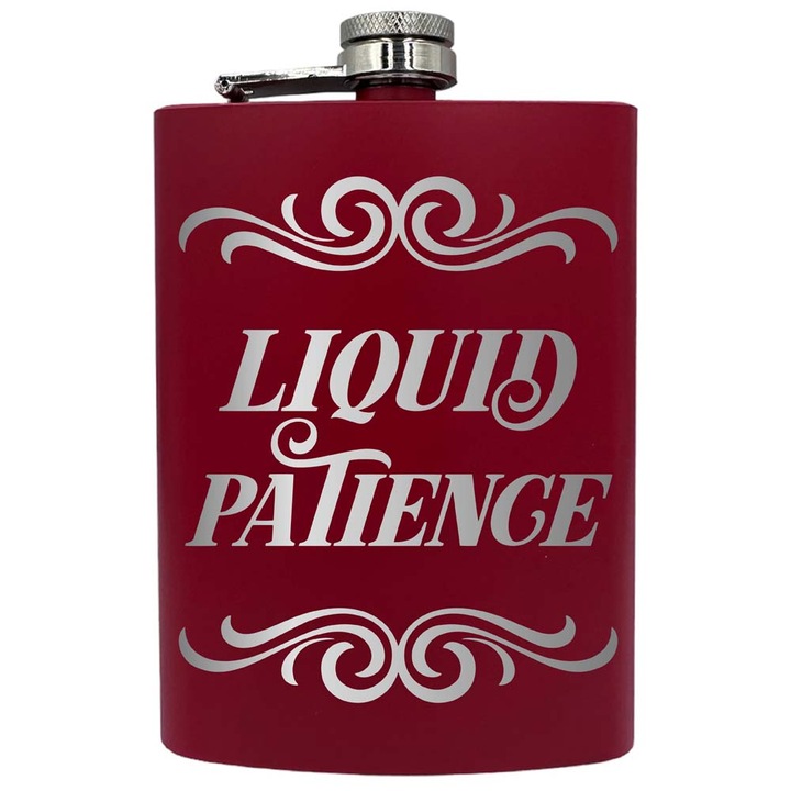 Plosca metalica gravata, de 8oz 240 ml pentru bauturi fine, Liquid Patience, Rosu, PNF 139