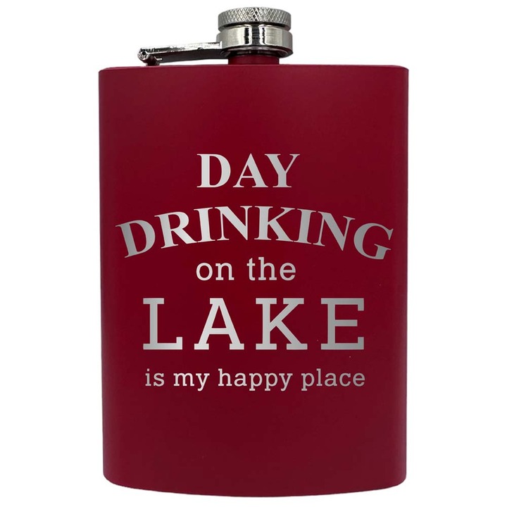 Plosca metalica gravata, de 8oz 240 ml pentru bauturi fine, Drinking On The Lake, Rosu, PNF 61