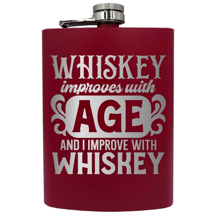 Plosca metalica gravata, de 8oz 240 ml pentru bauturi fine, Whiskey Improves With Age, Rosu, PNF 213