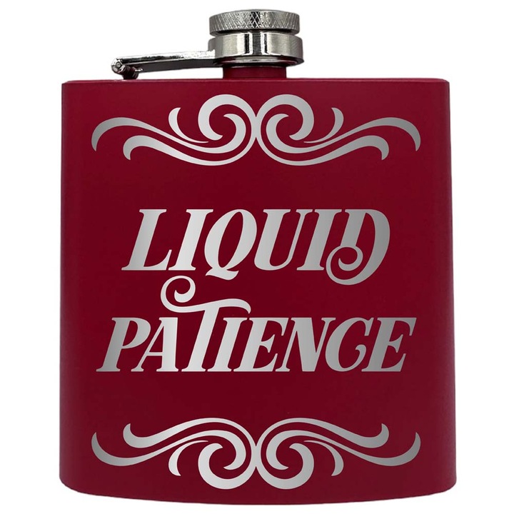 Plosca metalica gravata, de 6oz 180 ml pentru bauturi fine, Liquid Patience, Rosu, PKF 139