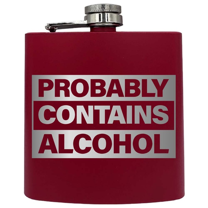 Plosca metalica gravata, de 6oz 180 ml pentru bauturi fine, Probably Contains Alcohol, Rosu, PKF 157